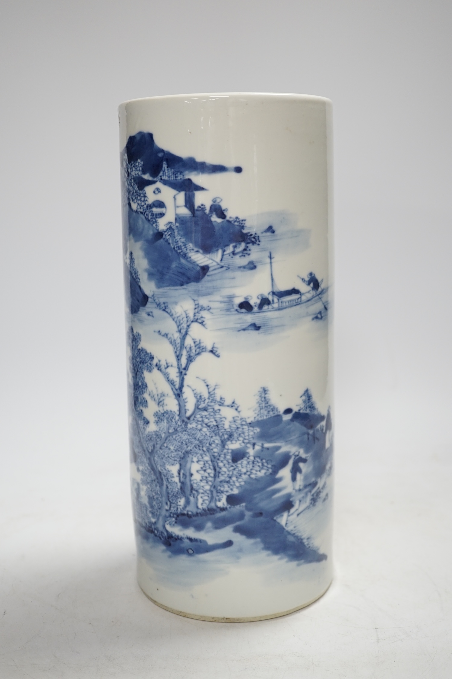 A 19th century Chinese blue and white cylindrical brushpot or sleeve vase, 28.5cm high